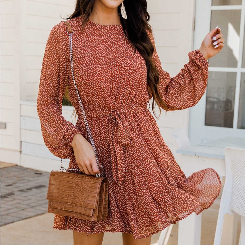 Rust Orange Leaf Printed Dress
